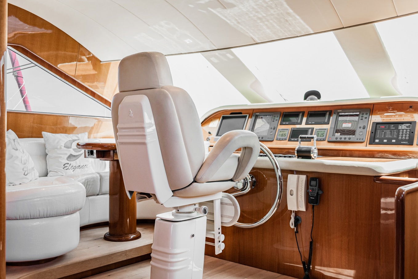 Luxury yacht bridge with custom interior finish and technical coordination